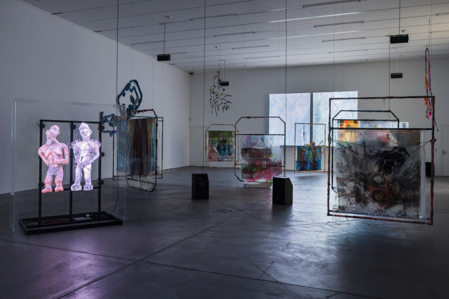 Installation view ‘Julien Creuzet - Orpheus was musing upon braised words (...)’, Luma Westbau, Zurich, 2023. Photo: Nelly Rodriguez