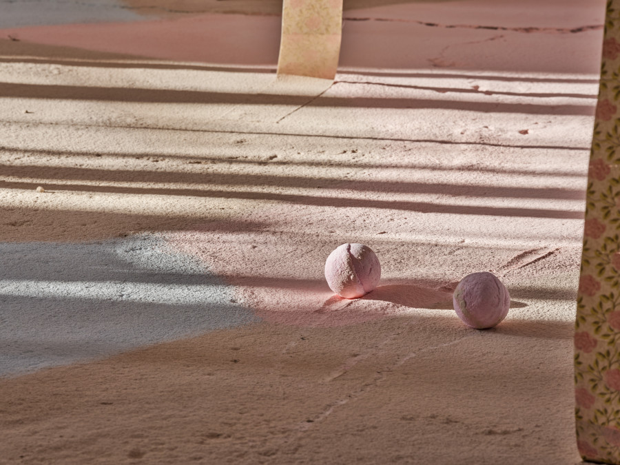 Karla Black, 'Safety As A Stance', 2025, installation view 'Karla Black', Kunstraum Dornbirn 2025, Photo Günter Richard Wett, © Karla Black, Courtesy Galerie Gisela Capitain, Cologne and Modern Art, London.