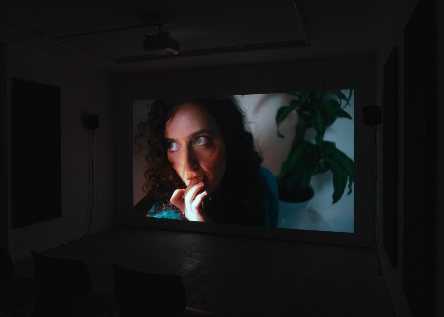 Exhibition view, Jordan Strafer, LOOPHOLE and DECADENCE, Halmet, Zürich, 2025. Jordan Strafer, LOOPHOLE, 2023, 16:9, 24’ 39’’. Photo by Tereza Glazova