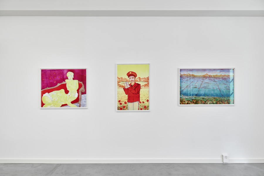 Installation view Edition VFO, Andriu Deplazes, «Zwei Körper auf Kanapee», 2023, Lithography, 75 x 90 cm; «Trompetersoldat (Flötist)», 2023, Lithography, 89,5 x 62,8 cm, «Gerasterte Weite», 2023, Lithography, 69 x 106 cm; photography: Bernhard Strauss