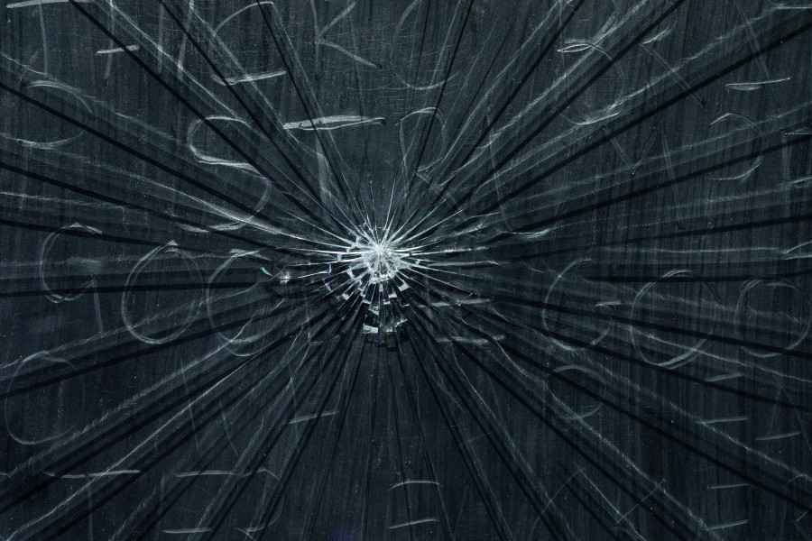 Fiona Banner aka The Vanity Press, B o n e s (detail), 2002, Graphite in Paper under Smashed Glass, 80 x 100 cm Burger Collection, Hong Kong. Photo: Kilian Bannwart.