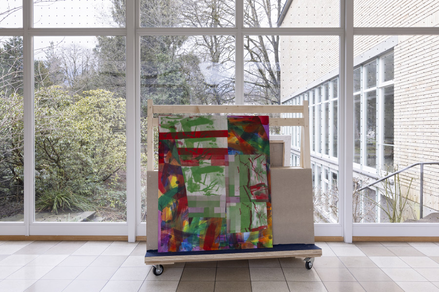 Rochelle Feinstein, The Today Show, installation view, Kunsthaus Glarus, 2025. Photo: Gina Folly. Courtesy the artist and Candice Madey Gallery. Memory Hole #1, 2003–2024, UV print, acrylic, silkscreen on muslin on canvas, 127 x 106.7 cm / 50 x 42 in