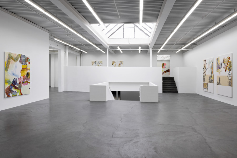 Pia Fries, bitu, 1995. 200 x 170 cm, Ölfarbe auf Holz; schwarze blumen erucarum ortus, 2005, je 240 x 170 cm. Ölfarbe, Siebdruck, Holz Ausstellungsansicht / Installation view Kunsthaus Baselland 2023. Foto / Photo: Gina Folly © Pia Fries / 2023 ProLitteris, Zürich