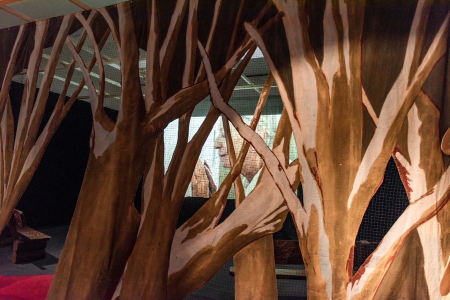 Pauline Curnier Jardin, Peaux de Dames in the hot flashes Forest, 2019; Qu’un sang impur / Ausgeblutet / Bled Out, 2019. Ausstellungsansichten / vues d’exposition / exhibition views Kunsthaus Centre d’art Pasquart 2023. Fotos / photos Lea Kunz