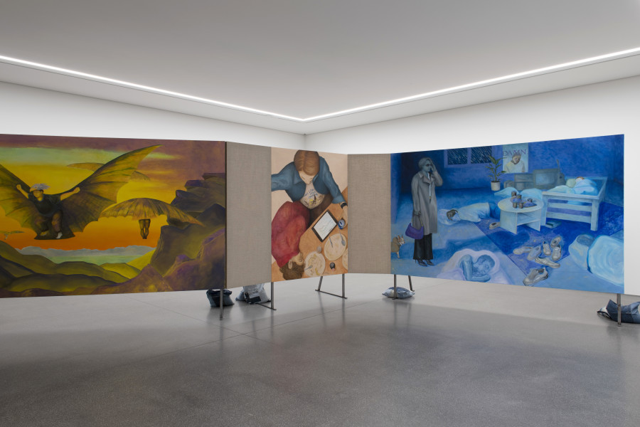 Exhibition view, Noemi Pfister, Heart on Sleeve, Manor Kunstpreis Graubünden 2025. Bündner Kunstmuseum Chur, 2025. Untitled, 2025 / Meltdown, 2025 / Sleepover (Tinfoil Dreams), 2025 (v.l.n.r.). Photo credit: Thomas Strub. © Noemi Pfister