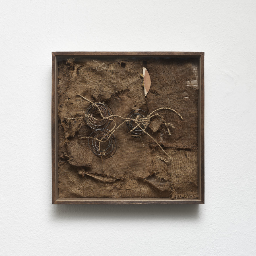 Mónica Mays, Bottoms IV, 2025, insides of found chairs, wood, glass, 66 x 66 x 9 cm. Blue Velvet, Zurich, Switzerland, 2025, Photo: Felix Jungo