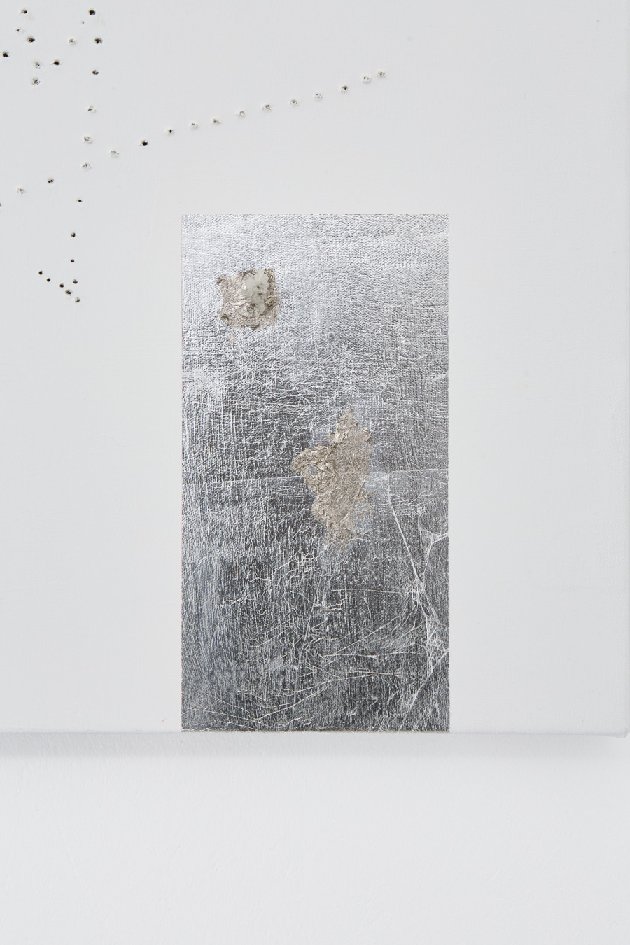 Valentina Vaccarella, Mr. Klein, 2026 (detail). Silver leaf, palladium leaf, clear quartz, marble dust and holes on canvas. 48 × 63.5 cm. Photo credit: Philipp Rupp