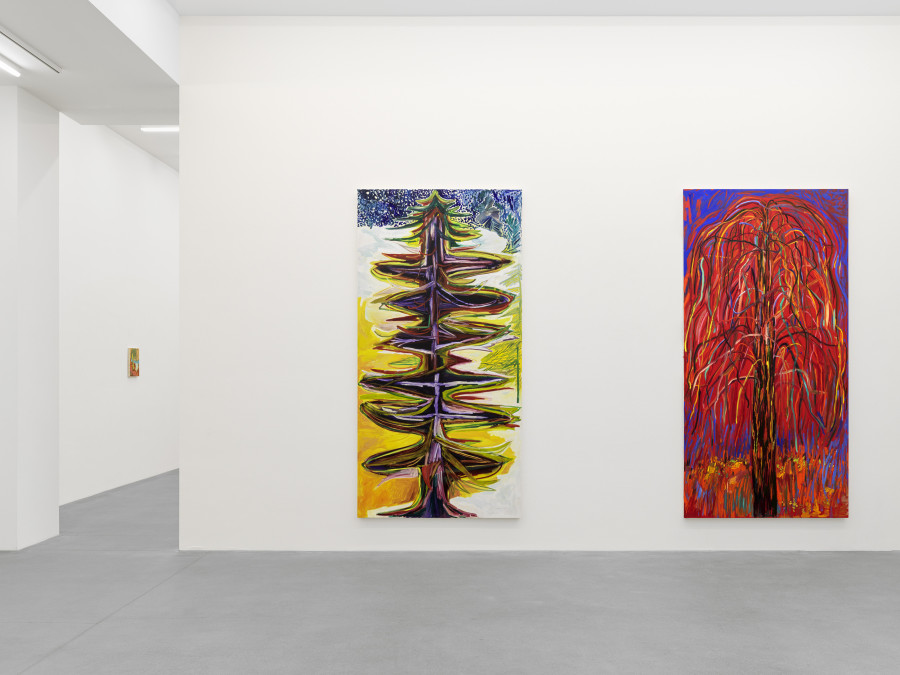 Installation view, Shara Hughes, Tree Farm, Galerie Eva Presenhuber, Waldmannstrasse, Zurich, 2024. © Shara Hughes. Courtesy the artist and Galerie Eva Presenhuber, Zurich / Vienna. Photo: Stefan Altenburger Photography, Zürich