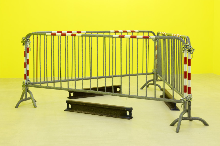Baker Wardlaw, (bit) apparatus, 2024, vauban barriers (BS), steel ballasts (VD), hardware, 110 x 250 x 250 cm. Photography: Gina Folly / Copyright and courtesy of the artist and For, Basel