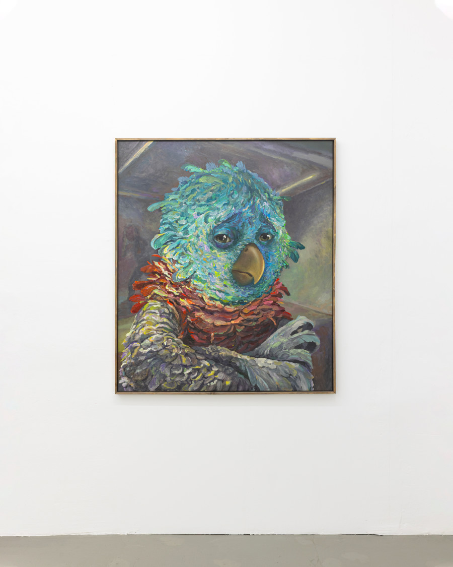 Michele Gabriele, “Portrait of a Parrot. An Unbothered, Sad, and Cringe Parrot. Indifferent to its Context.”, from the Solo Show “Brambora” at Kaly Gallery, Lucerne, CH, Acrylic on canvas, artist frame, 51 1/8 x 44 1/8 in, 130 x 112 cm, 2025. Courtesy of the Artist and Kali Gallery. Photo by Kim da Motta